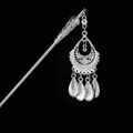Ethnic style silver hairpin with hollowed drop tassel pendants and intricate carvings - Hollow Waterdrop Crescent Tassel (Silver 1) / Silver
