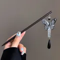 Vintage ebony wood hair stick with translucent butterfly pendant and long tassels - Calligraphy Butterfly Pendant Style (Hairpin 2)
