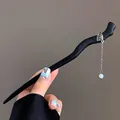New Chinese style black wood hair pin with silver butterfly and long tassel - Wavy Butterfly Wing Tassel Style (Hairpin 5)