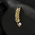 Detailed macro view of golden wheat stalk brooch with yellow crystals and white pearl - One Stalk of Wheat (Small)