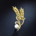 Elegant gold wheat ear brooch with yellow gems and a white pearl accent - XZ08 Golden Wheat