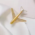 Gold airplane brooch with white rhinestones and Good Luck engraving on silk - Large Gold Airplane Rhinestone Engraved (XZ289)