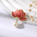 Chinese style lotus flower brooch with red enamel and pearl pendant in golden finish - Enamel Pearl Style (XZ317) / Drip Oil Pink (XZ317)