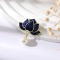 Vintage lotus brooch with dark blue enamel, pearl pendant and gold-tone metal outline - Enamel Pearl Style (XZ317) / Drip Oil Blue (XZ317)