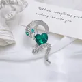 Luxury silver snake brooch with emerald heart crystal and sparkling pavé diamonds - Silver (XZ315)