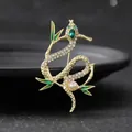 Exquisite snake and bamboo leaf brooch with gold plating, white rhinestones and green enamel - Bamboo Snake (XZ316)