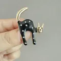 Vintage black and white polka dot cat brooch in gold-plated alloy finish - XZ Black Dotted Cat