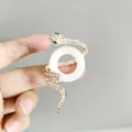 Vintage gold snake brooch with white crystals and green eyes wrapped on white ring - Round White Gold (XZ315)