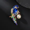 Exquisite parrot brooch with colorful enamel pearls and crystals on black stone - Blue