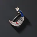 Smiling crescent moon brooch with blue enamel hat and white rhinestones on silver metal - Silver Style / Silver Moon