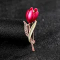 Close-up of pink enamel tulip brooch with rose gold finish and sparkling rhinestones - Pink Tulip Style (XZ07-07)