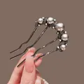 Elegante horquilla para el pelo con perlas grises y diamantes de imitación brillantes - Five-tooth Style / Negro Plomo Onda Diamante Perla