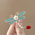 Pinza para el pelo de libélula esmaltada con perlas y cristal rojo estilo Hanfu - Libélula de Cristal Azul Claro (F01-005)
