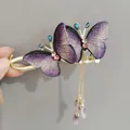 Elegante pinza dorada con mariposas moradas bordadas y borlas colgantes - Mariposa Bordada Vintage Púrpura (F01-004 Púrpura)