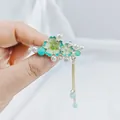 Pinza de pelo con flor de esmalte azul borla dorada y perlas estilo Hanfu - Borla de Flor de Esmalte Verde Blanco (F01-016 Flor)