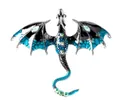 Detail of silver dragon brooch with teal enamel wings and sparkling inlaid rhinestones - Blue Flying Dragon