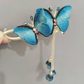 Pasador de mariposa azul con flecos dorados y perlas para peinado estilo chino Hanfu - Mariposa Bordada Vintage Azul (F01-004 Azul)