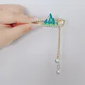 Elegante clip para el pelo estilo chino con esmalte de paisaje, perlas y borlas doradas - Pinza Perla de Pintura de Paisaje (Y012-01 Pinza Paisaje)