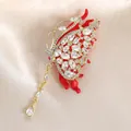 Luxurious red butterfly brooch with shimmering rhinestones and elegant gold tassel - Xz02-011 Red Double-layer Butterfly