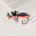 Creative enamel cat brooch with black and white dots on a red branch accessory - Black Cat