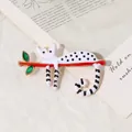 Creative enamel cat brooch with white kitty on a red branch and green leaves - White Cat