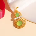 Exquisite golden hollowed gourd brooch with green faux jade and white pearls decor - Gourd Style (XZ01-009)