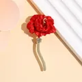 Elegant red rose brooch with gold stem and sparkling crystals for suits and weddings - Red Peony Style (XZ09-012)