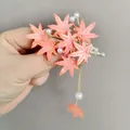 Pinza para el pelo vintage con diseño de hojas de arce rosa y borla larga de perlas - Pinza de Hoja de Arce Rosa Naranja Borla (F01-013 Hoja)