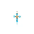 Vue détaillée du pendentif croix plaqué or 18K avec pierres bleues et relief Vierge Marie - Bleu ciel