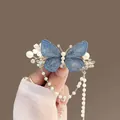 Pinza para el pelo de estilo antiguo con mariposa azul, perlas y borla larga - Borla de Mariposa Vaquera Azul (F01-003 Azul)