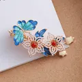 Elegant teal butterfly hair clip with pearl flowers and enamel leaves on gold base - Vintage Butterfly Pearl Flower (F01-009) / Teal