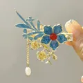 Blue enamel flower hair clip with golden tassel and teardrop pearl in traditional style - Vintage Blue Five-Petal Flower Hair Clip (F01-021) / Blue
