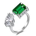 Anello aperto in argento S925 con pietre taglio a goccia e smeraldo su sfondo bianco - Aperto Regolabile / Stile Vintage a Due Pietre (DY120553) / Argento