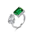 S925 silver Toi et Moi ring with emerald cut green gem and pear shape white stone - Adjustable Open / Double Stone Adjustable Open Ring - Green + White / Silver+Green+White