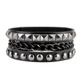 Detail showing multilayer black leather bracelet with punk pyramid studs and metal chain - Multi-layer Chain and Studs Style (01)
