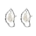 Elegant silver irregular hollow frame earrings with dangling baroque pearl charms - Silver