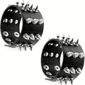 Detail of punk black leather bracelets with three rows of silver metal cone spikes - Triple Row Metal Spike Bracelet (17)