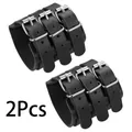 Detail of two black punk leather wristbands with three-row silver metal buckle fasteners - Triple Row Pin Buckle Wide Wristband (18)