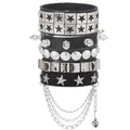Detail of five-piece multilayer punk leather bracelet with star studs and silver chains - Pentagram And Fine Chain Multi Layer Bracelet (19)