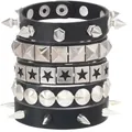 Detailed set of five black punk leather bracelets with silver metal spikes and studs - Spikes Square Studs And Hollow Star Combination Style (20)