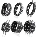 Detail of 6-piece punk rock leather bracelets set with silver rivets and snap buttons - Pointed Spikes And Pyramid Rivets Combination Style (22)