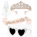 Rose gold rhinestone crown with Bride to Be sash, bridal veil, and pearl heart sunglasses - Rose Gold
