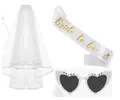 White bridal shower set with bride to be sash, double layer veil and heart sunglasses - White