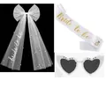White Bride to Be set with pearl bow veil, satin sash, and heart-shaped sunglasses - Pearl White