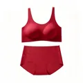 Nahtloses dunkelrotes Lingerie-Set mit Jelly-Streifen-Unterstützung, U-Ausschnitt BH und Slip - S / Rot