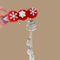 Red velvet pom-pom hair clip with snowflake crystals and long silver tassel pendants - F1586 Snowflake Hawthorn