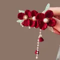Elegant red velvet floral hair clip with pearl tassels in a traditional Chinese style - F1597 Three Red Flowers