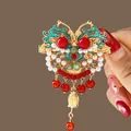 Traditional Chinese style enamel auspicious cloud pearl hair clip with red bead tassel - F1625 Awakening Lion Clip
