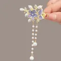 Traditional Chinese style hair clip with purple enamel flowers and pearl tassels - F1510 Purple Flower