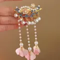 Traditional Chinese style hair clip with pearls, blue enamel clouds, and pink tassels - F1608 Enamel Cloud Flower-Pink
